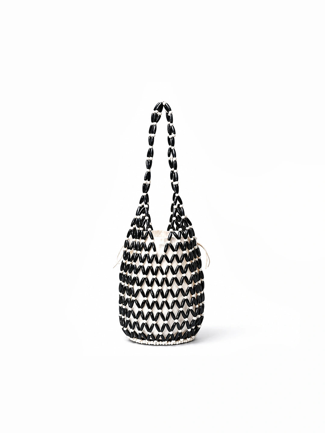 Wooden Beaded Woven Drawstring Bucket Bag