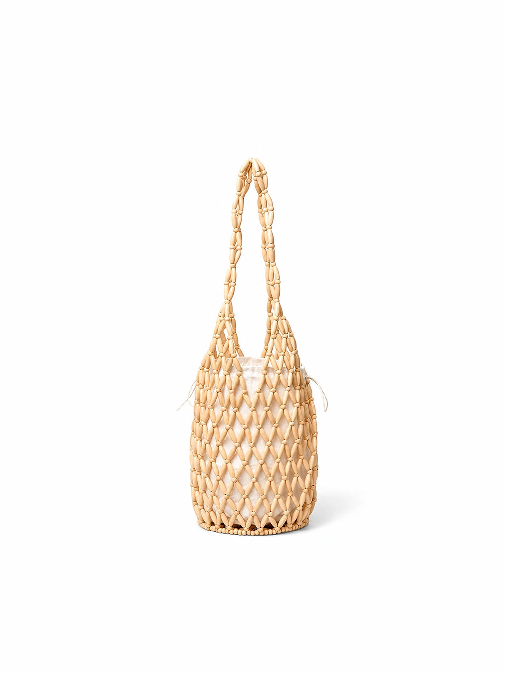 Wooden Beaded Woven Drawstring Bucket Bag