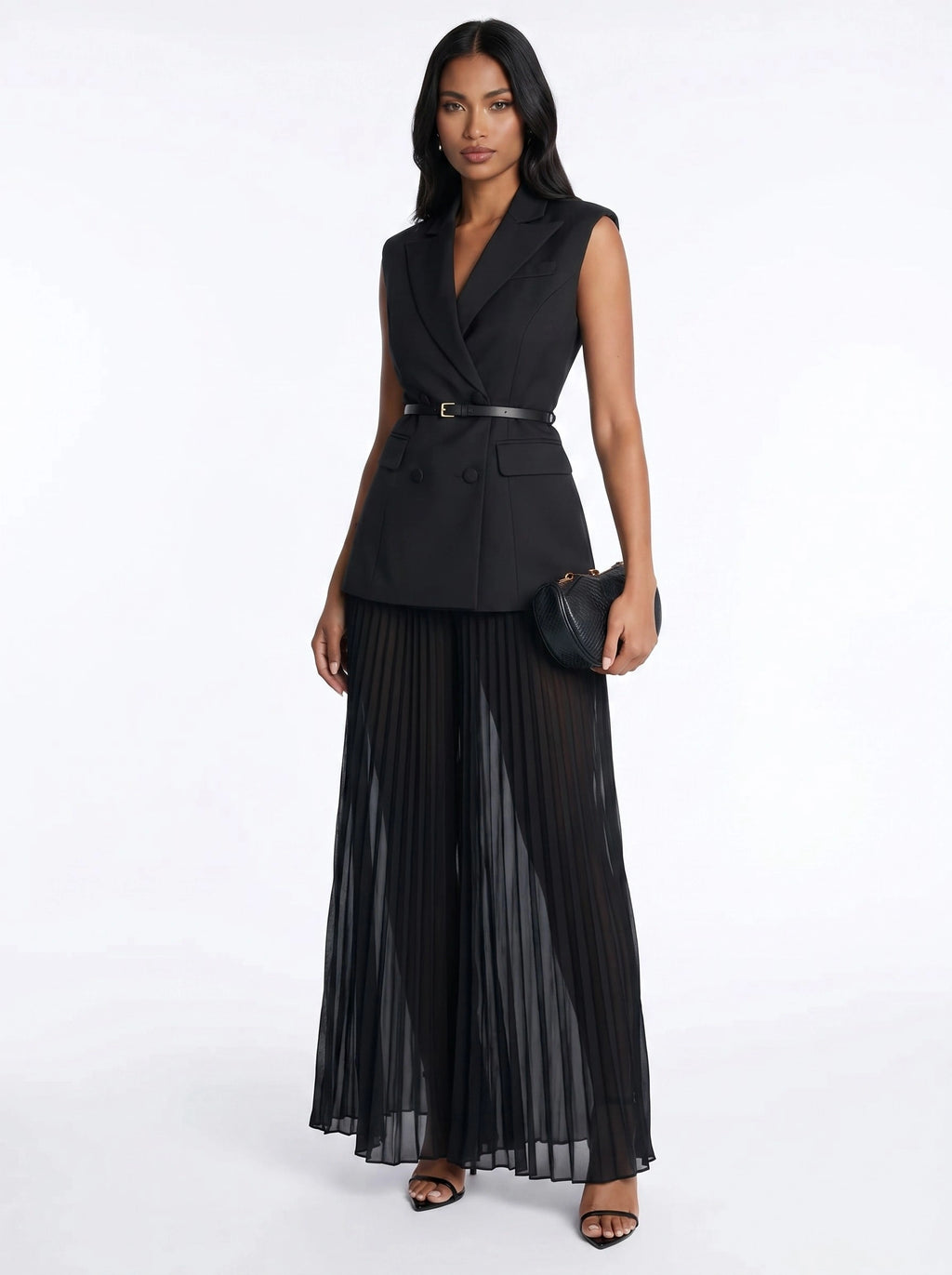 Belted Blazer Pleated Maxi Skirt Set