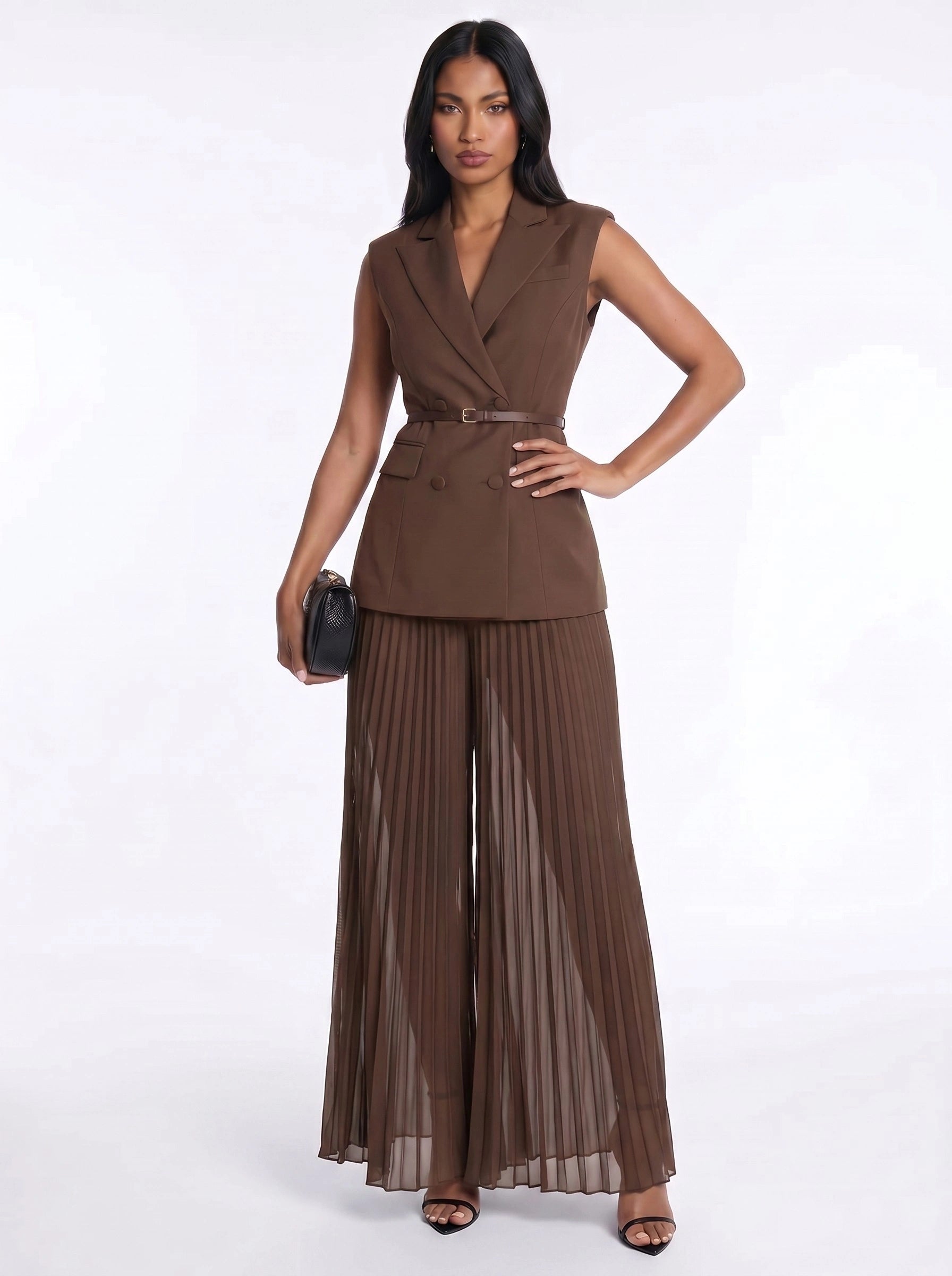 Belted Blazer Pleated Maxi Skirt Set
