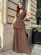 Belted Blazer Pleated Maxi Skirt Set