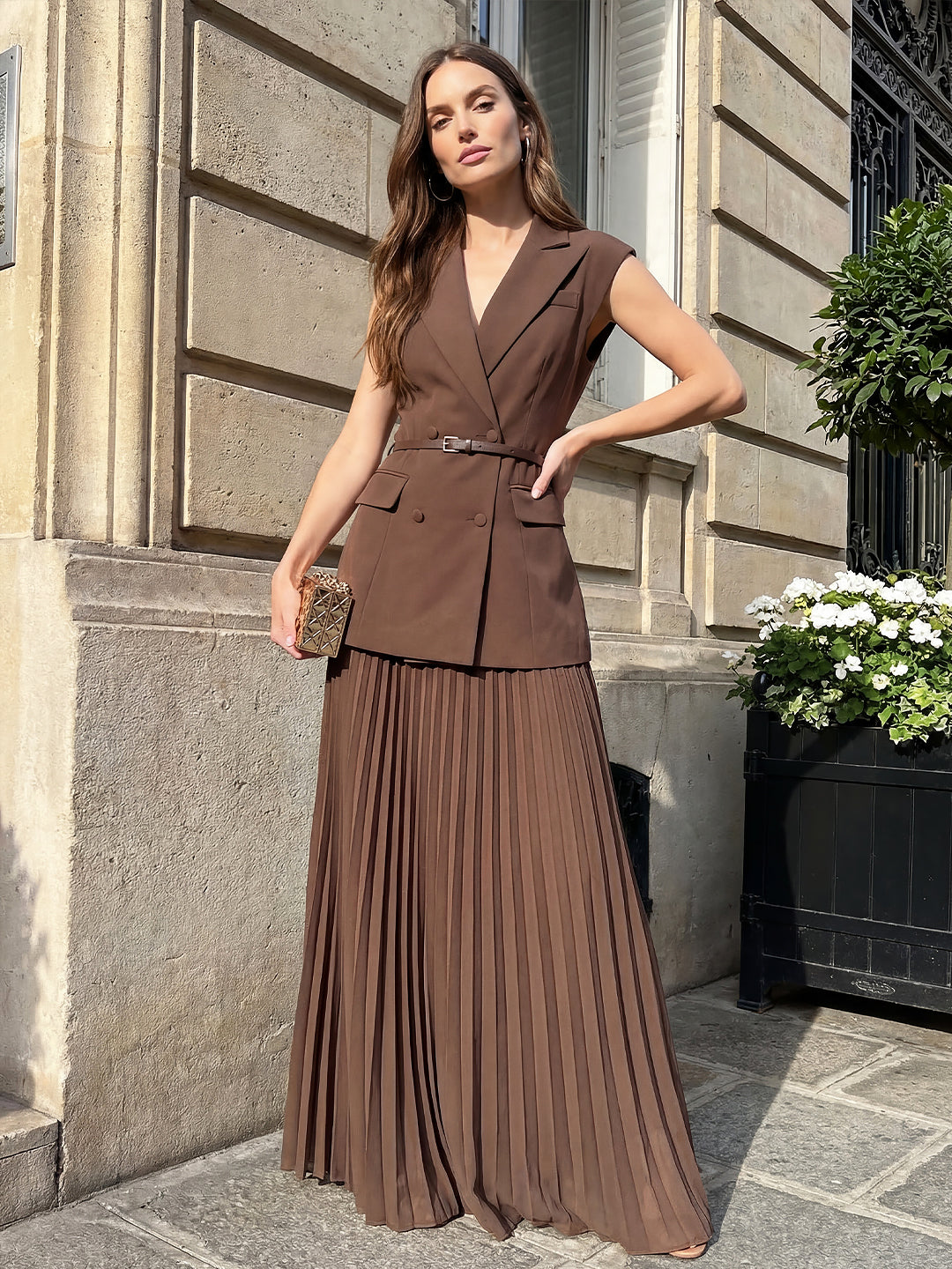 Belted Blazer Pleated Maxi Skirt Set