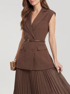 Belted Blazer Pleated Maxi Skirt Set