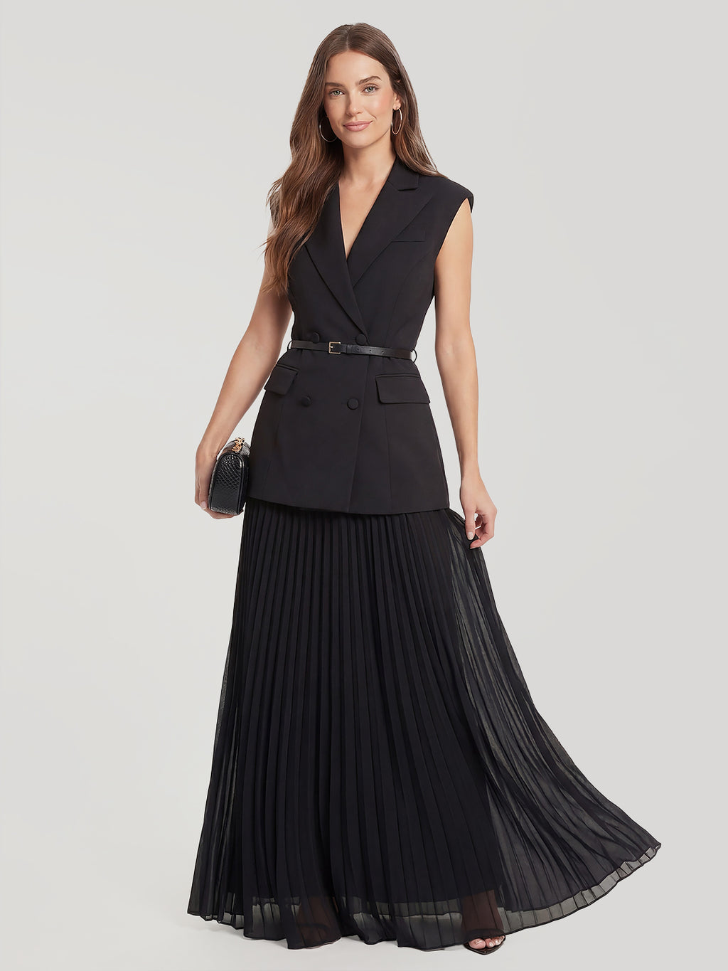 Belted Blazer Pleated Maxi Skirt Set