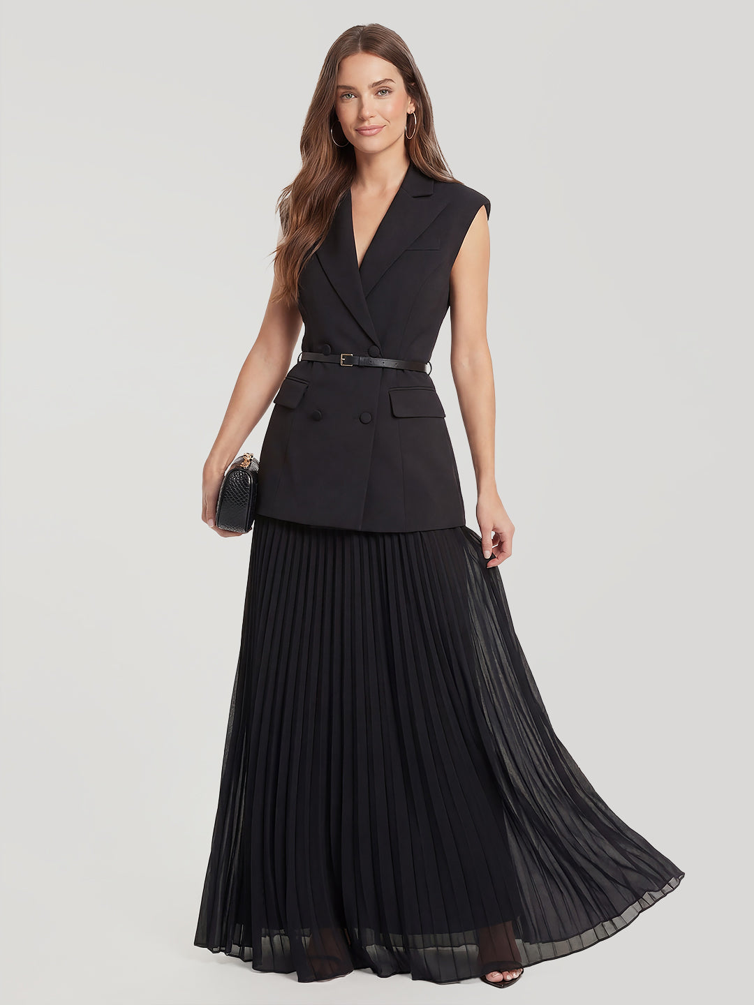 Belted Blazer Pleated Maxi Skirt Set