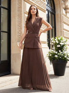 Belted Blazer Pleated Maxi Skirt Set