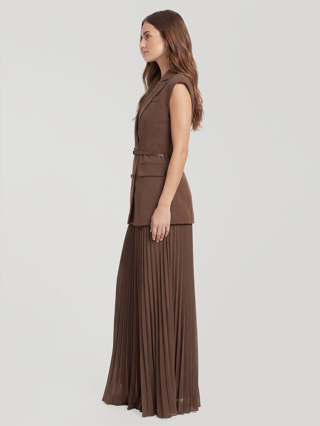 Belted Blazer Pleated Maxi Skirt Set