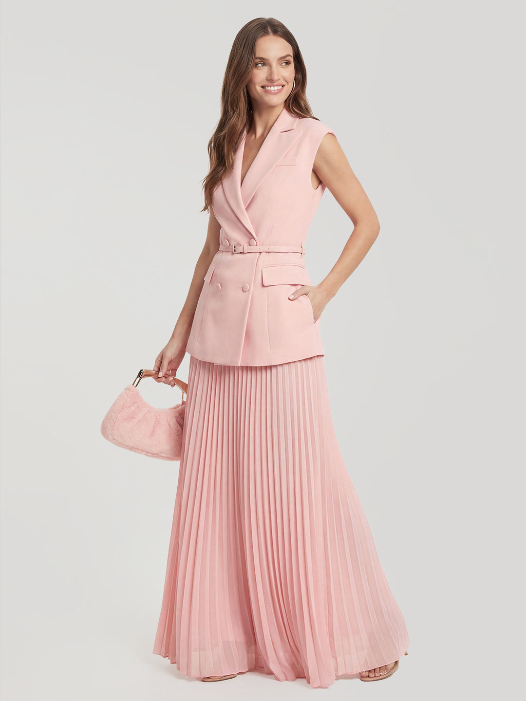 Belted Blazer Pleated Maxi Skirt Set