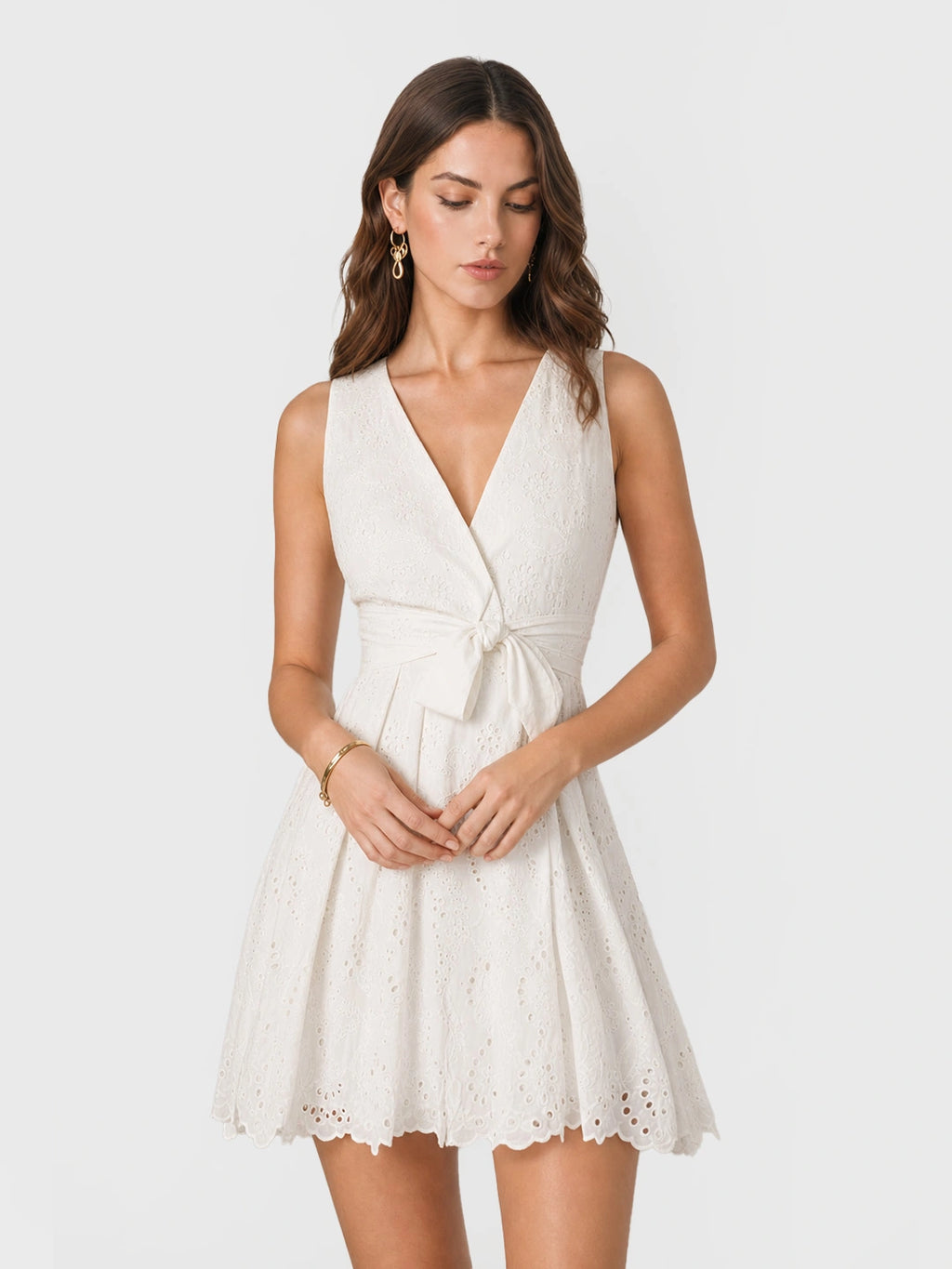 Belted Eyelet Linen Cotton Mini Dress