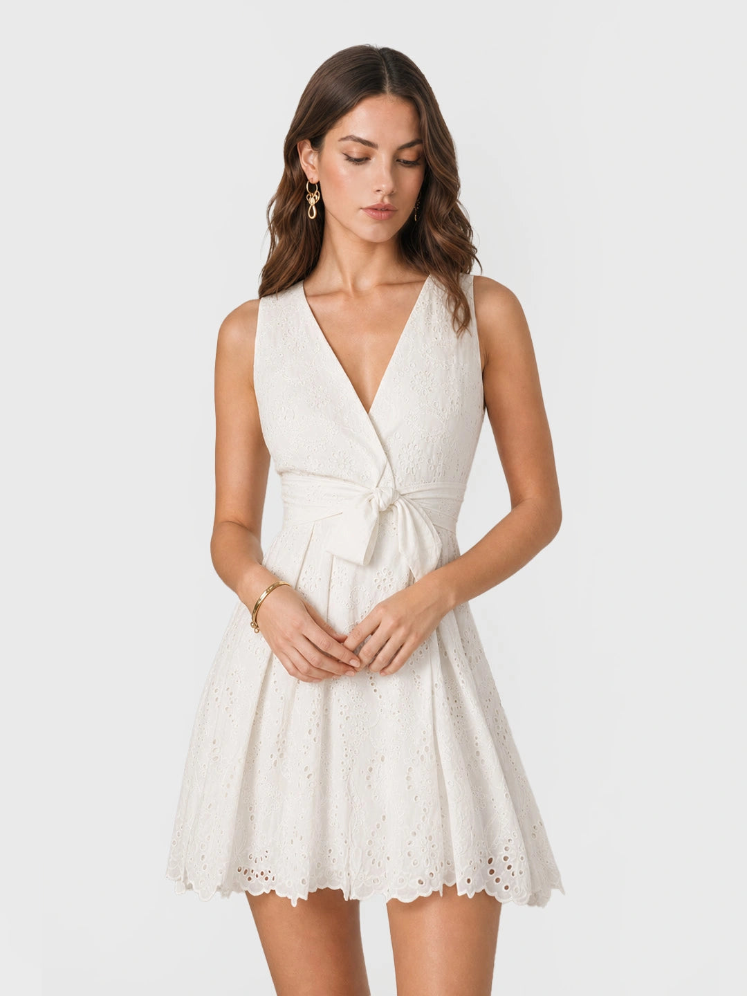 Belted Eyelet Linen Cotton Mini Dress