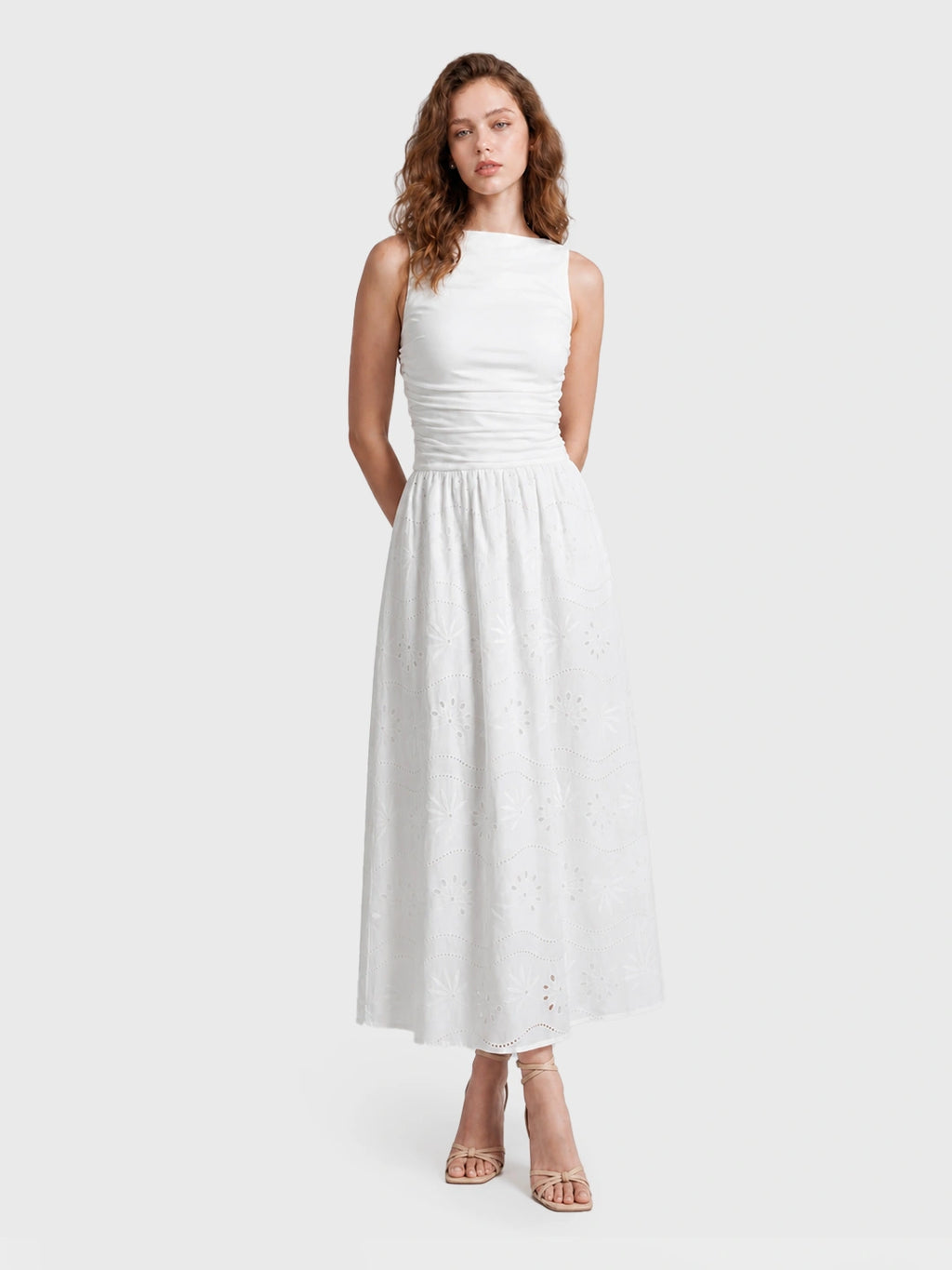 Boat Neck Eyelet A-Line Cotton Maxi Dress