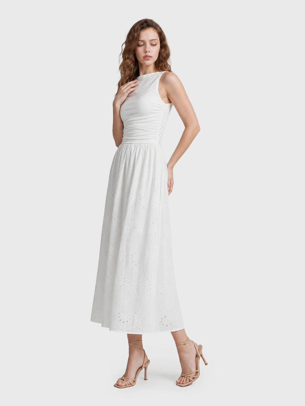 Boat Neck Eyelet A-Line Cotton Maxi Dress