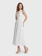 Boat Neck Eyelet A-Line Cotton Maxi Dress