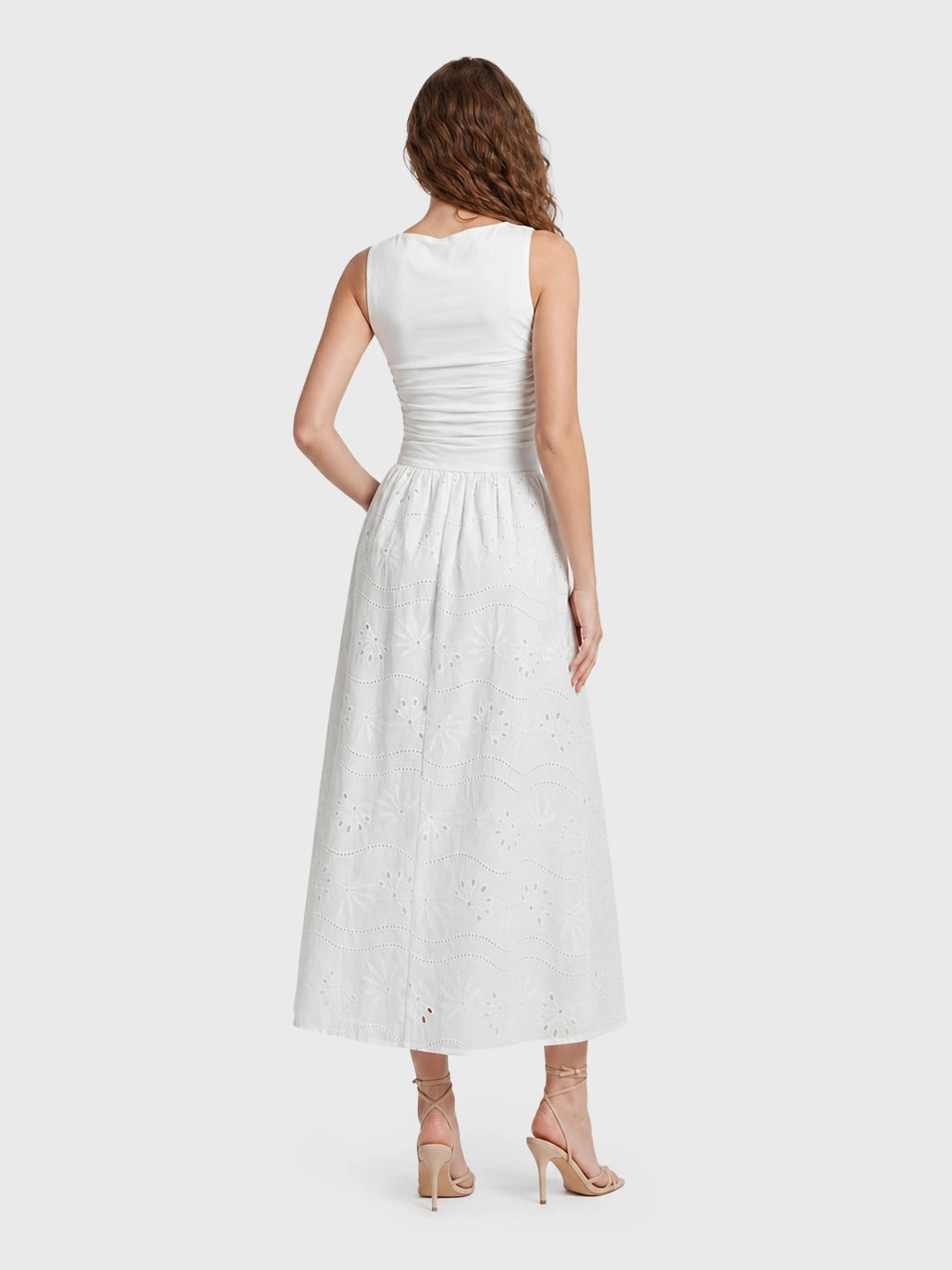Boat Neck Eyelet A-Line Cotton Maxi Dress