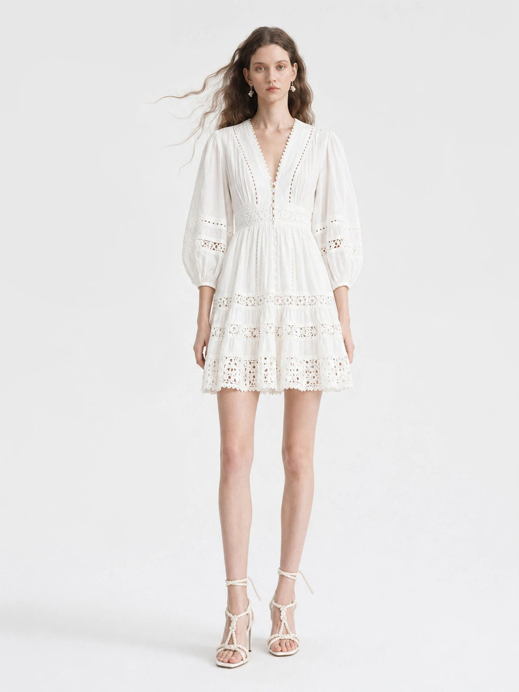 Boho Eyelet Lace Lantern Sleeve Mini Dress