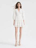 Boho Eyelet Lace Lantern Sleeve Mini Dress