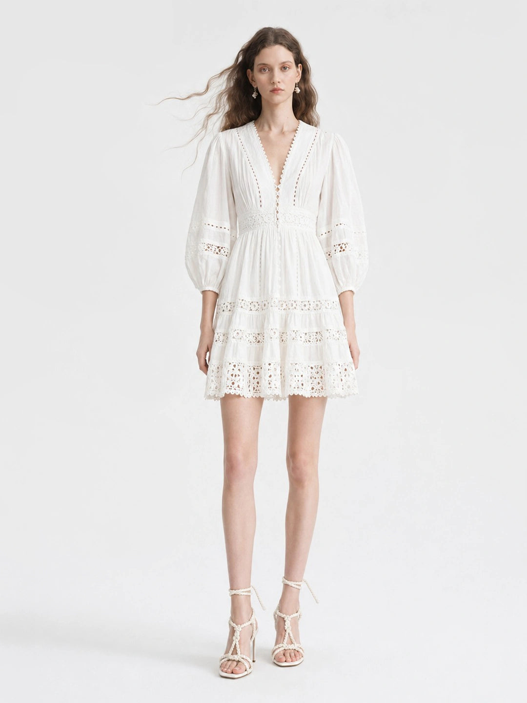 Boho Eyelet Lace Lantern Sleeve Mini Dress