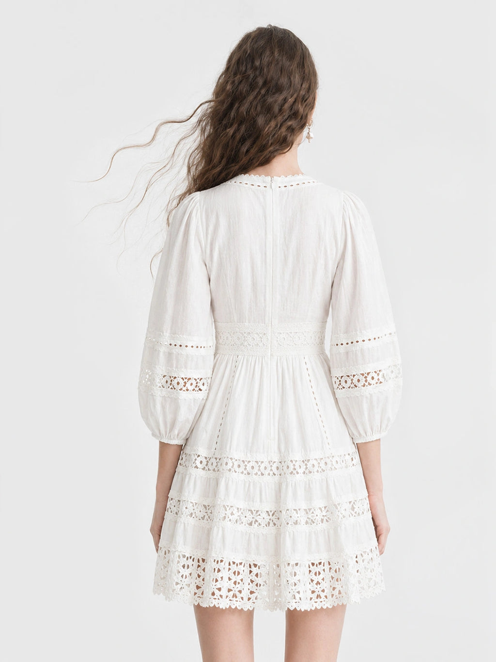 Boho Eyelet Lace Lantern Sleeve Mini Dress