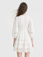 Boho Eyelet Lace Lantern Sleeve Mini Dress