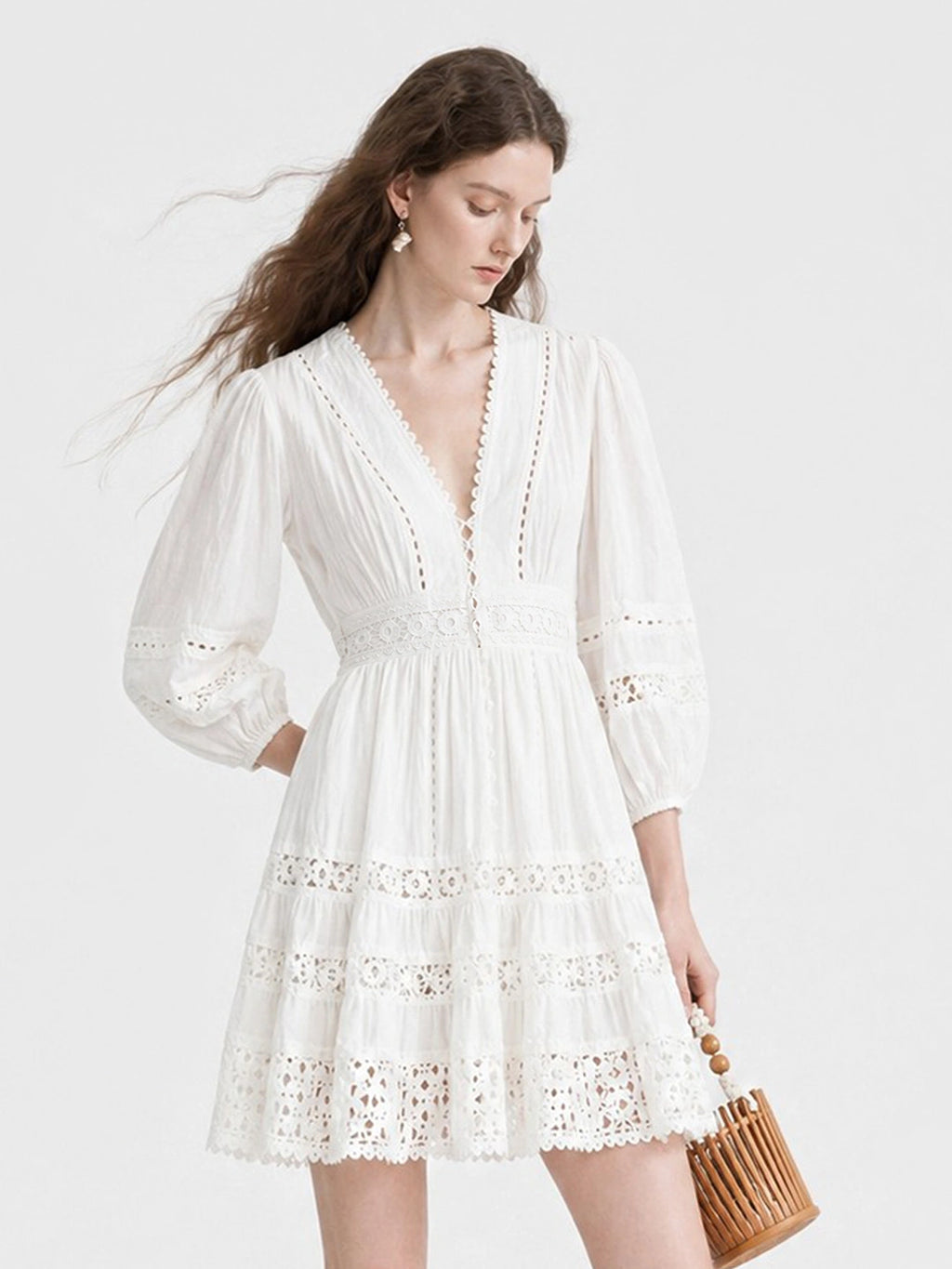 Boho Eyelet Lace Lantern Sleeve Mini Dress