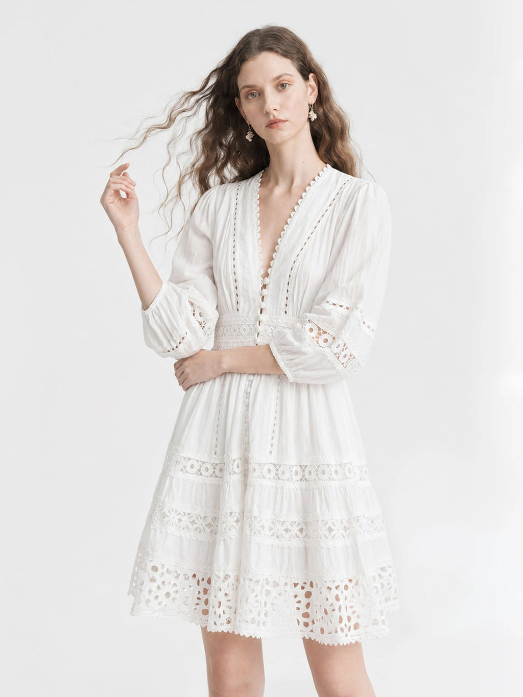 Boho Eyelet Lace Lantern Sleeve Mini Dress