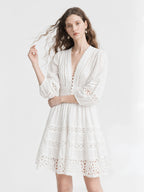 Boho Eyelet Lace Lantern Sleeve Mini Dress