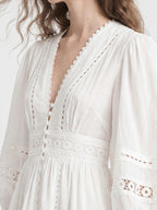 Boho Eyelet Lace Lantern Sleeve Mini Dress