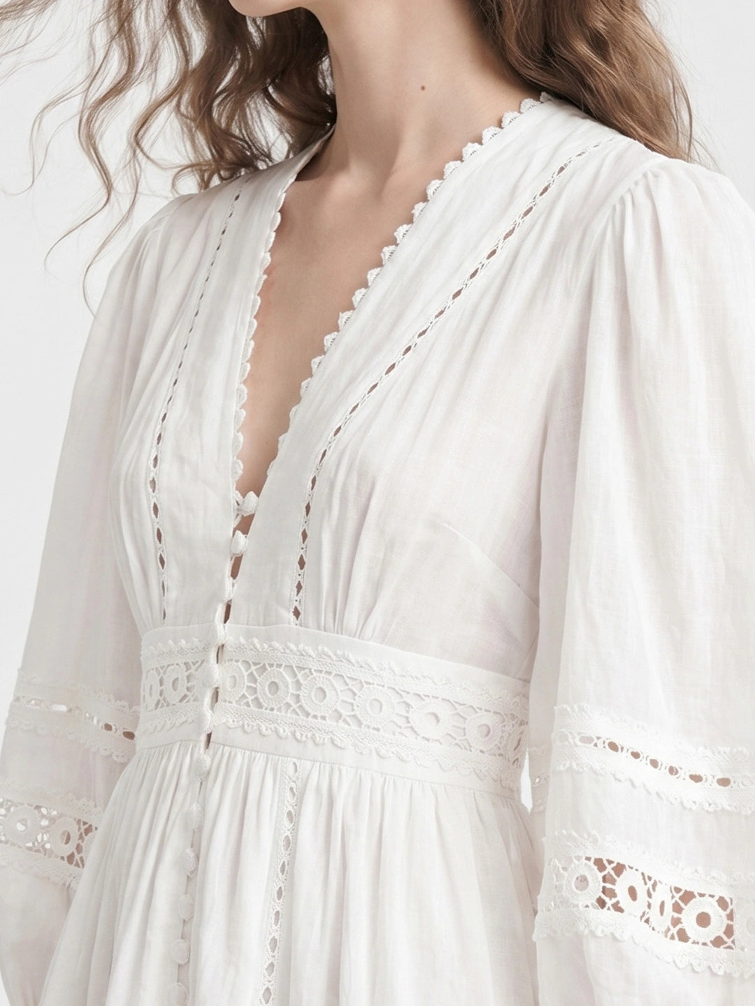 Boho Eyelet Lace Lantern Sleeve Mini Dress