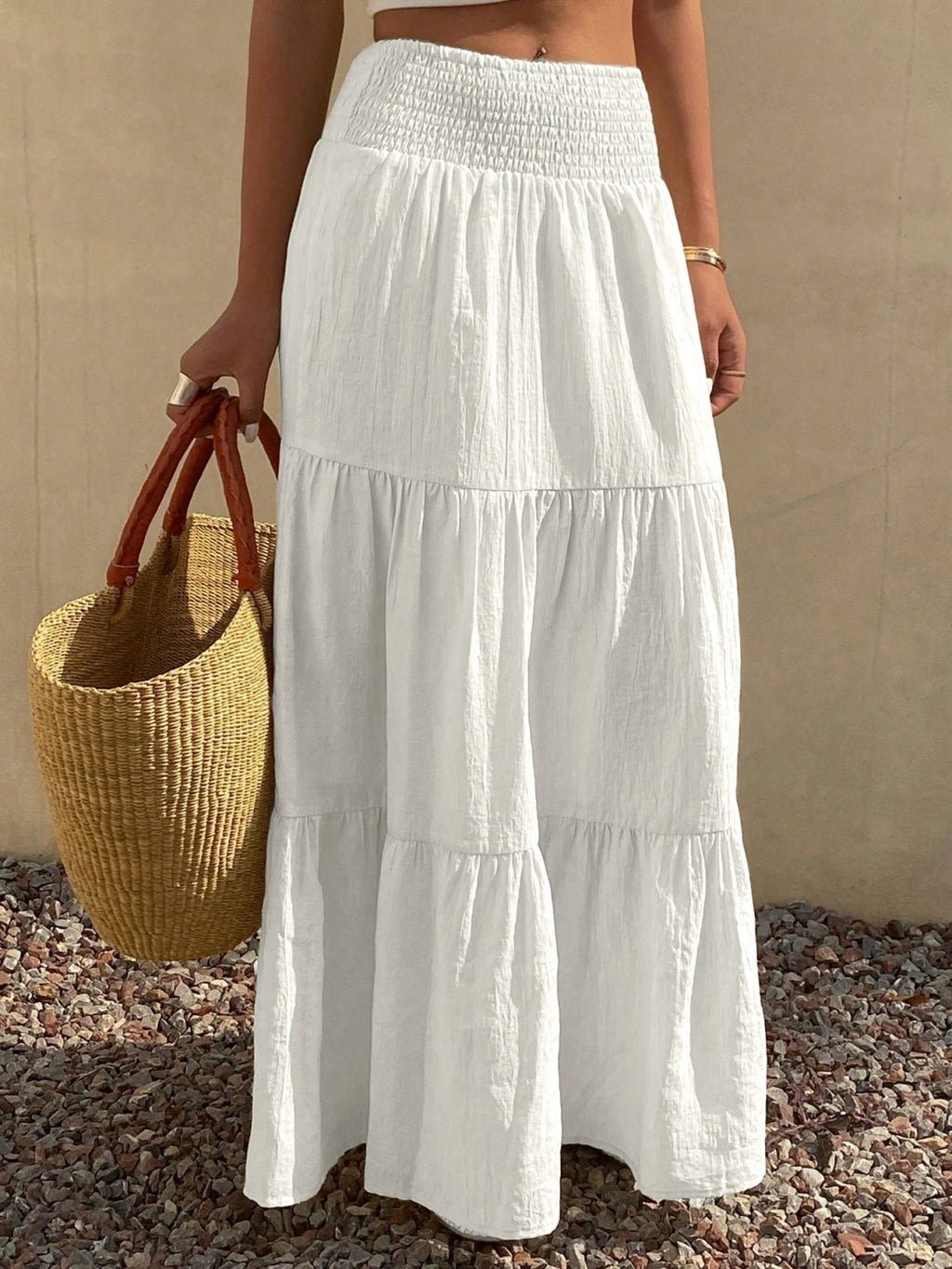 Boho Smocked Waist Cotton Linen Tiered Maxi Skirt