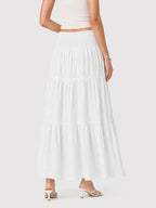 Boho Smocked Waist Cotton Linen Tiered Maxi Skirt