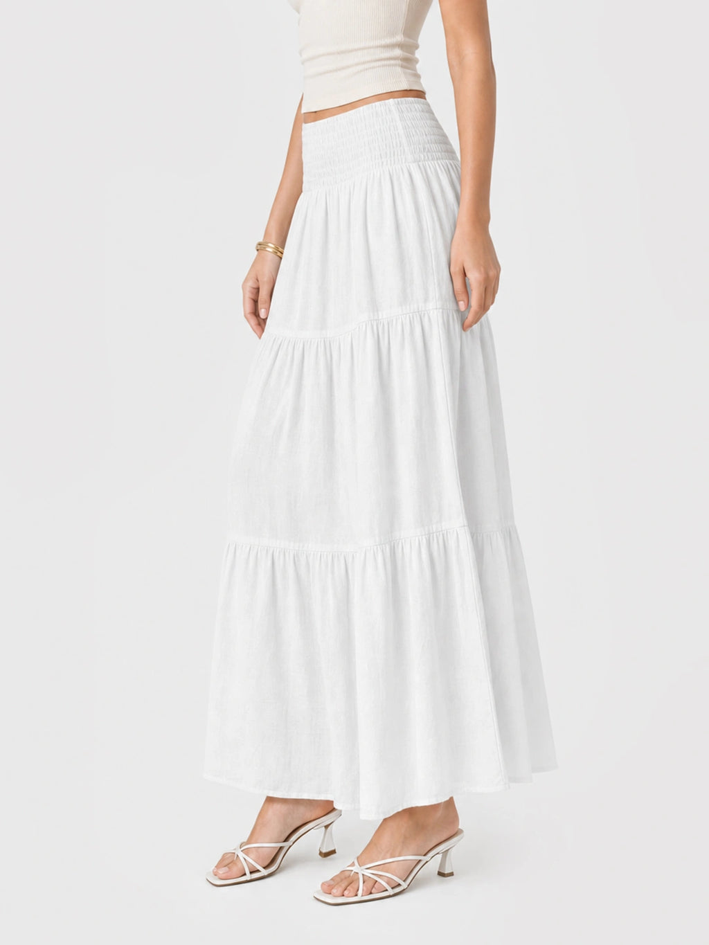 Boho Smocked Waist Cotton Linen Tiered Maxi Skirt