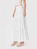 Boho Smocked Waist Cotton Linen Tiered Maxi Skirt