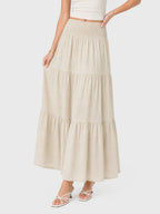 Boho Smocked Waist Cotton Linen Tiered Maxi Skirt