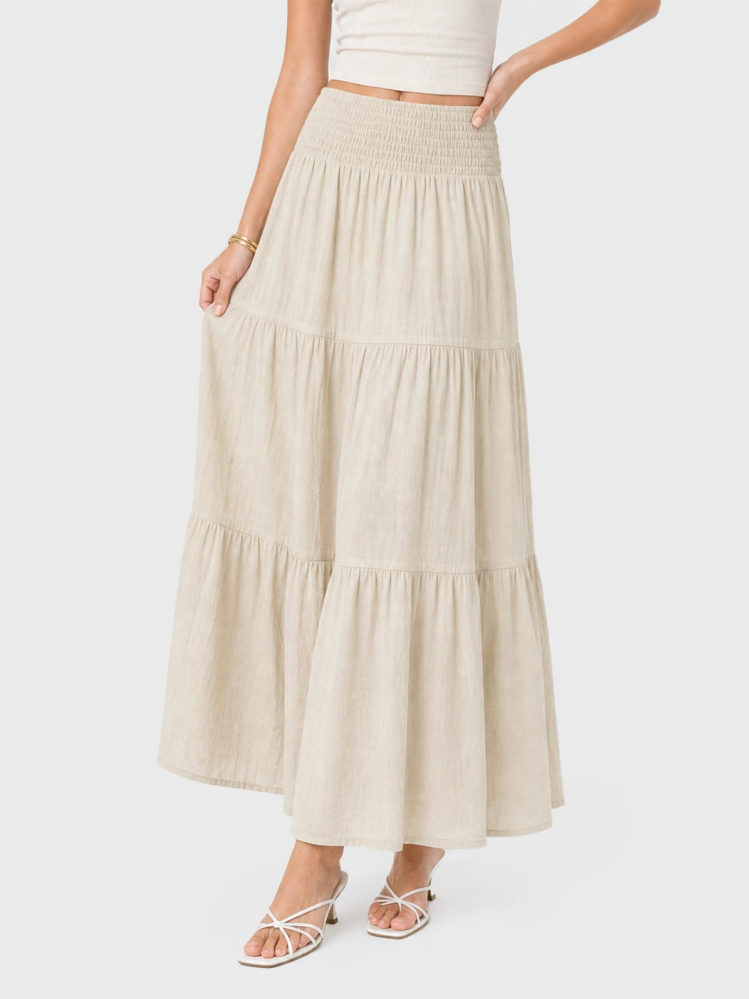 Boho Smocked Waist Cotton Linen Tiered Maxi Skirt