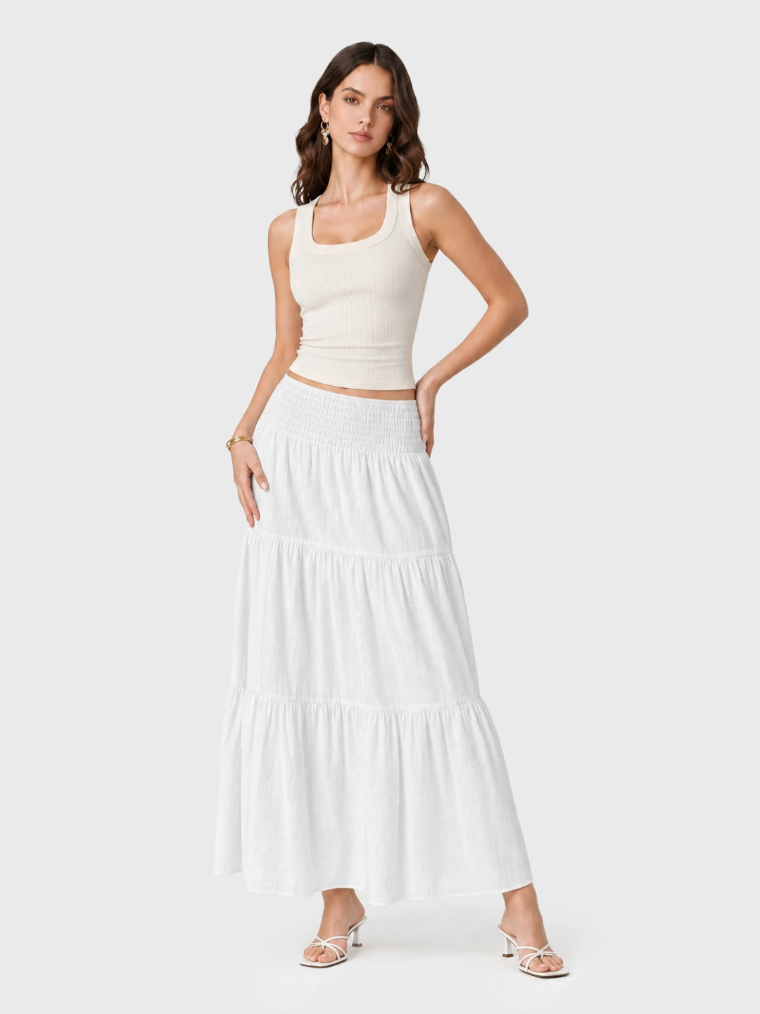 Boho Smocked Waist Cotton Linen Tiered Maxi Skirt