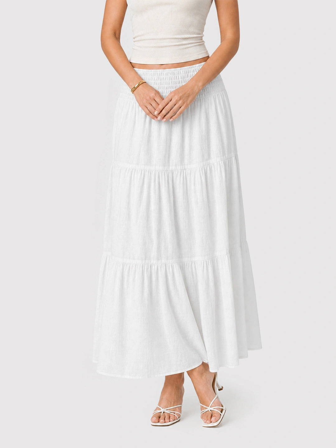 Boho Smocked Waist Cotton Linen Tiered Maxi Skirt