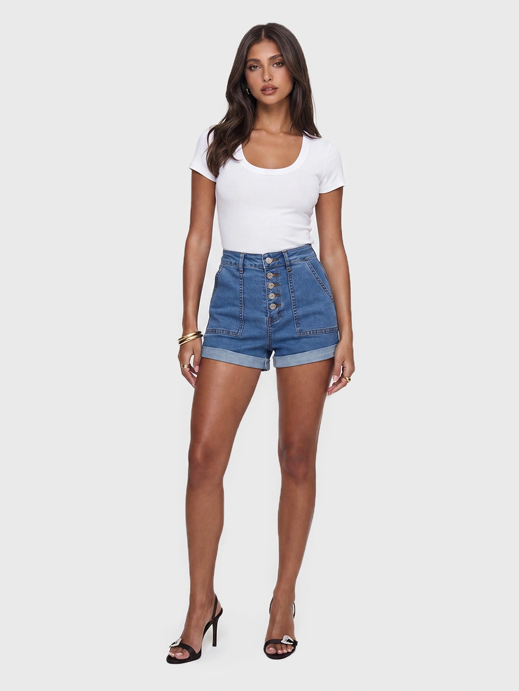 Button-Front High-Waisted Denim Booty Shorts