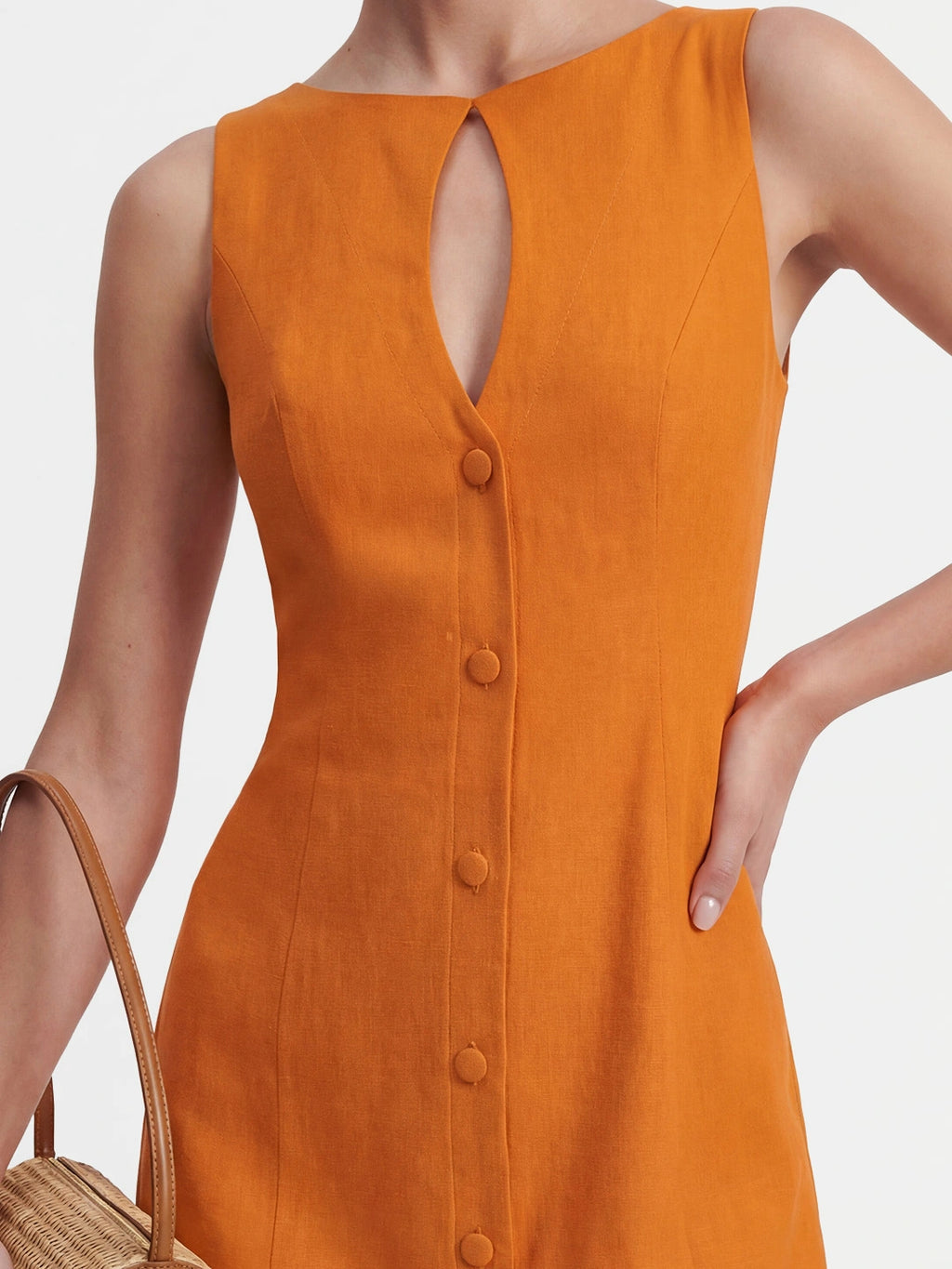 Button-Front Keyhole Linen Mini Dress