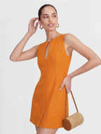 Button-Front Keyhole Linen Mini Dress