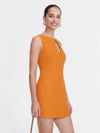 Button-Front Keyhole Linen Mini Dress