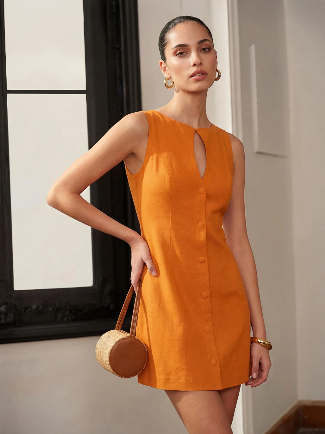 Button-Front Keyhole Linen Mini Dress Secondary image