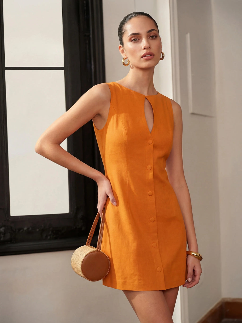 Button-Front Keyhole Linen Mini Dress