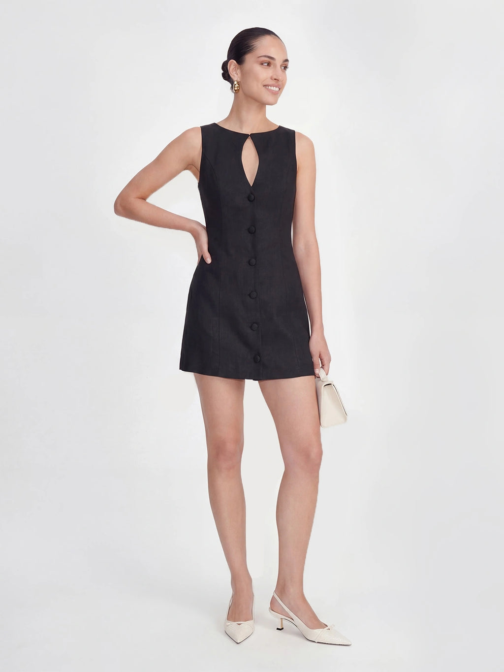 Button-Front Keyhole Linen Mini Dress