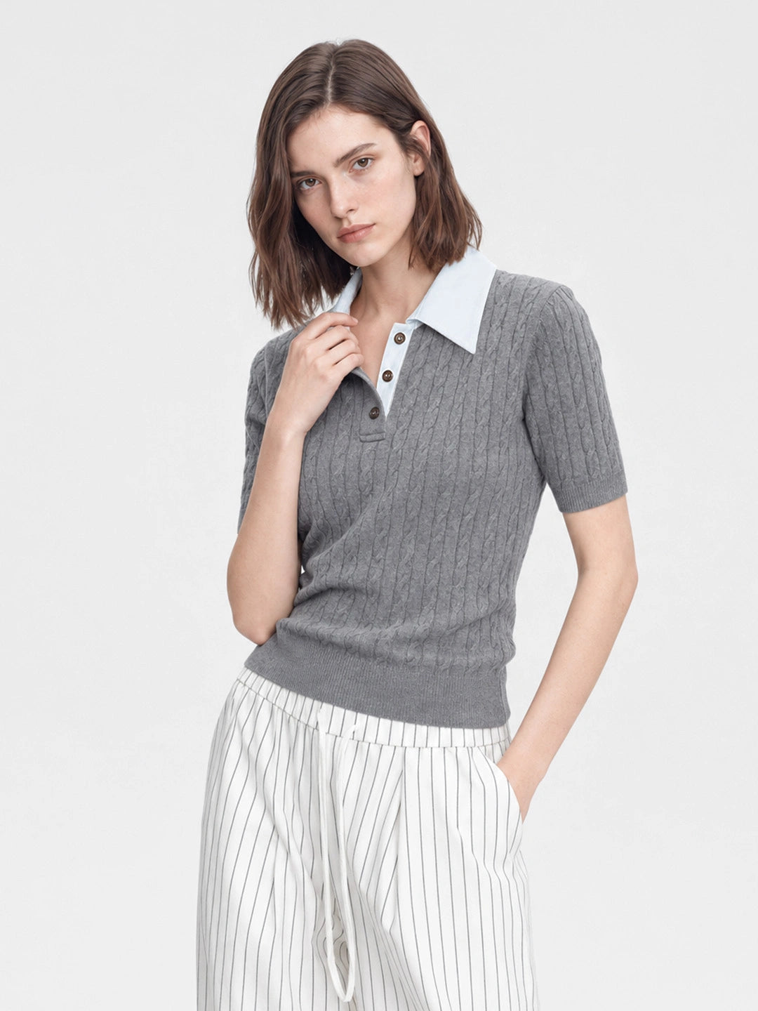 Contrast Collar Cable Knit Polo