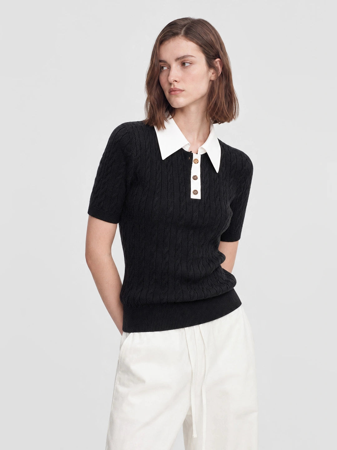 Contrast Collar Cable Knit Polo