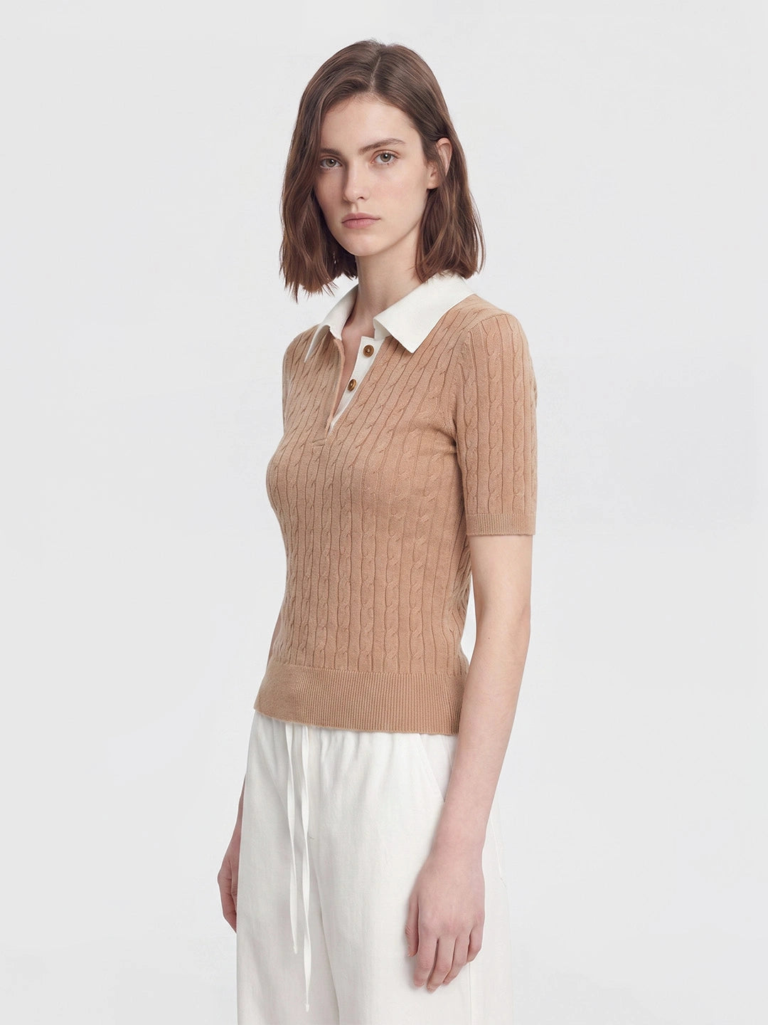 Contrast Collar Cable Knit Polo