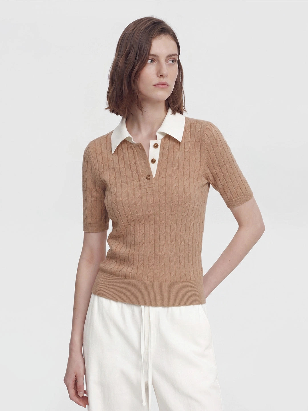 Contrast Collar Cable Knit Polo