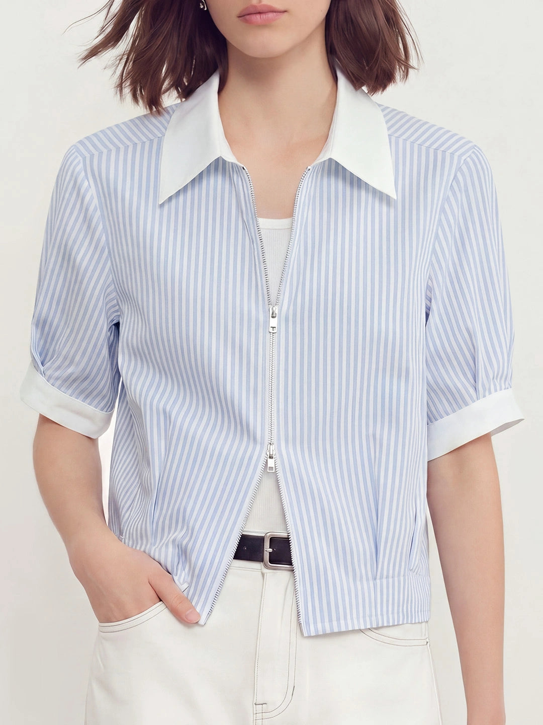 Two-way Zip Stripe Relaxed Shirt