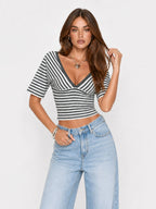 Contrast Trim Plunging Striped Crop Top