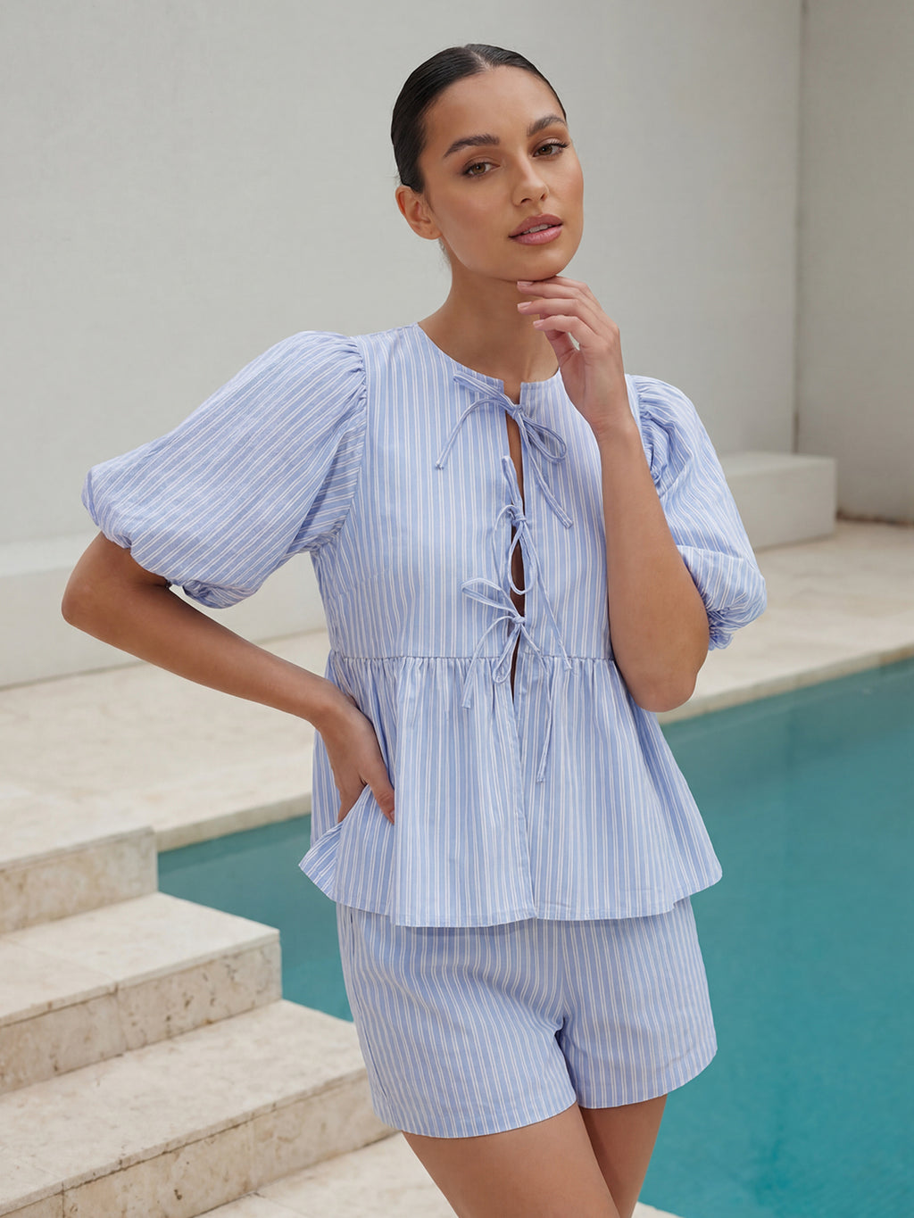 Cotton Puff Sleeve Tie Front Blouse